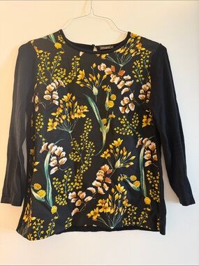 J. McLaughlin Black Blouse with Yellow Floral Print